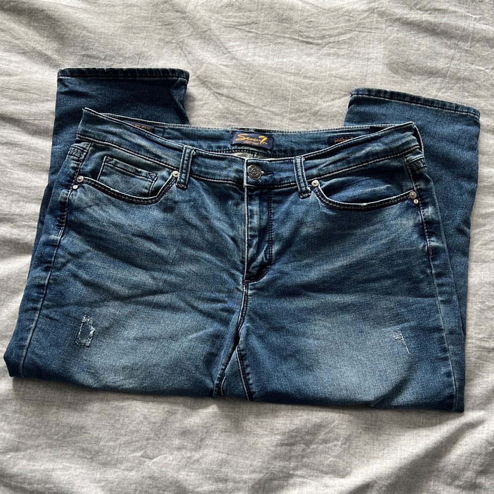 ☀️ Seven7 Dark Wash Girlfriend Jeans light distressing.